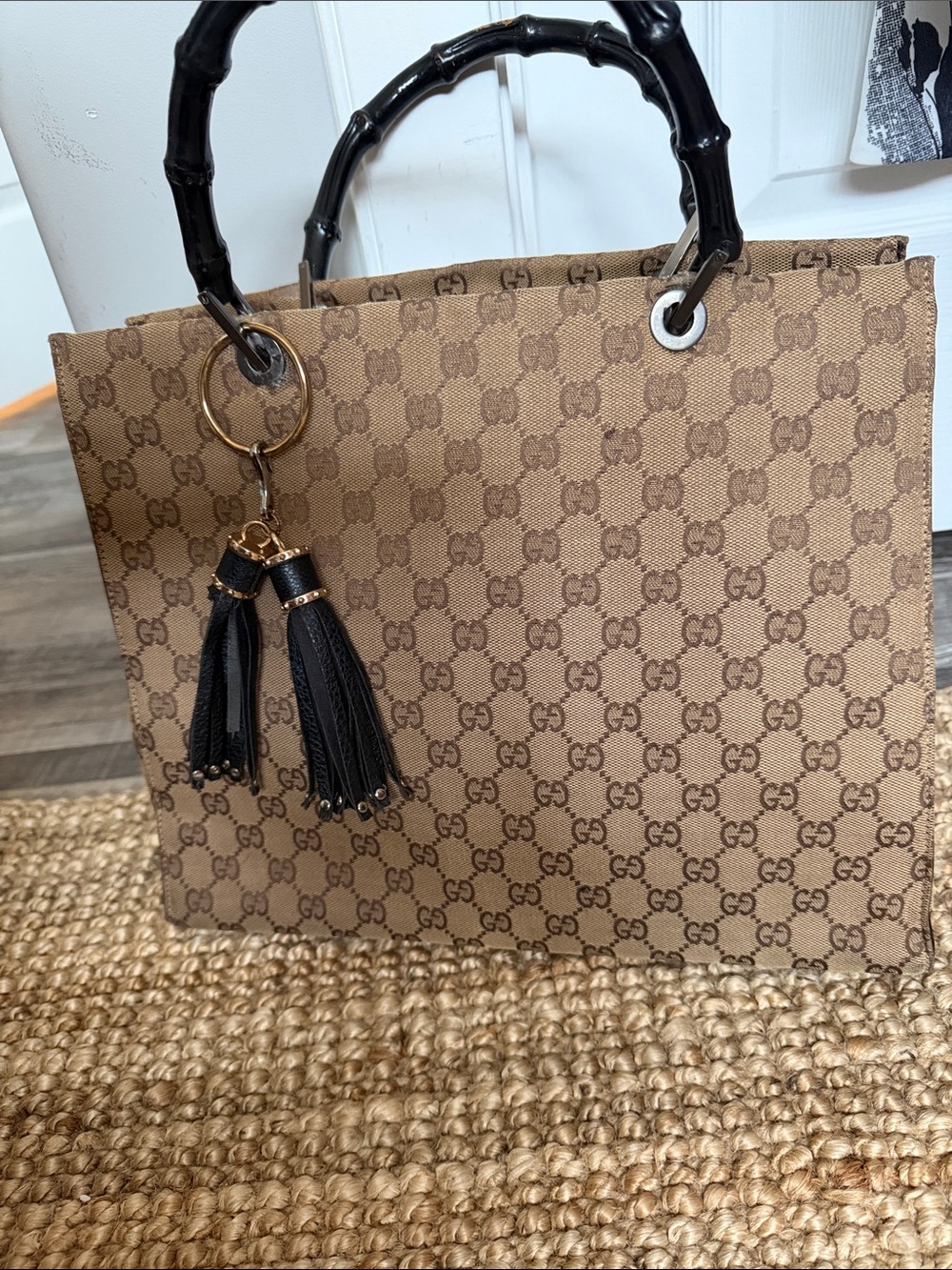 Gucci Beige Brown Monogram Tote with Black Bamboo Handles